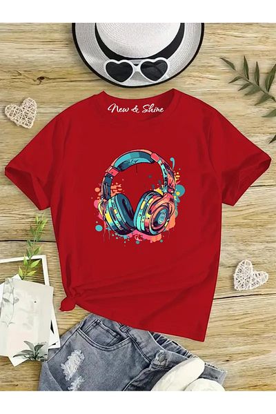 New Shine In the Cart, 1 T-Shirt Is a Gift for Purchases of 6 or More - Colorful Headphones Printed Oversized Children's T-Shirt