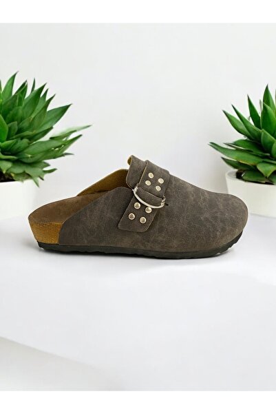 Dilesa Brown Suede Staple Detailed Anatomical Cork Sole Daily Comfortable Women's Slippers