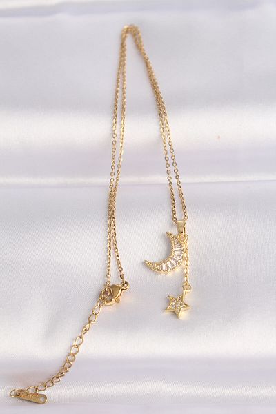 Skygo 316L Steel Chain Gold Color Zircon Stone Moon Star Necklace - Tj-Bko8626