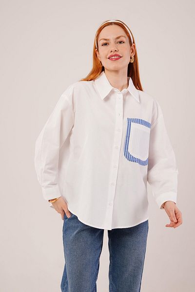 JANES Cămașă albă cu buzunar în dungi
