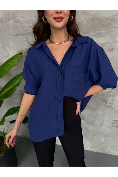 Elif Özbey Butik Cămașă oversize albastru cu umeri mici
