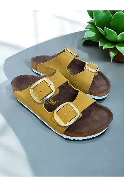 Dilesa Mustard Women's Gold Buckle Orthopedic Sole Slippers Double Banded Buckle Daily Comfortable Home & Outdoor Slippers