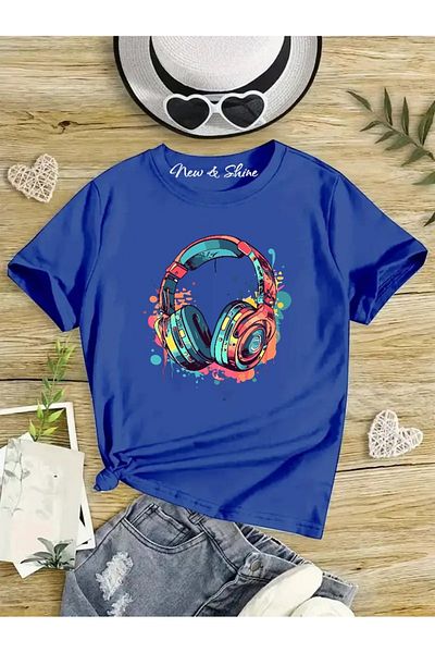 New Shine 1 tricou este un cadou pentru achiziții de 6 și mai sus în coș - Tricou supradimensionat pentru copii cu căști colorate imprimate