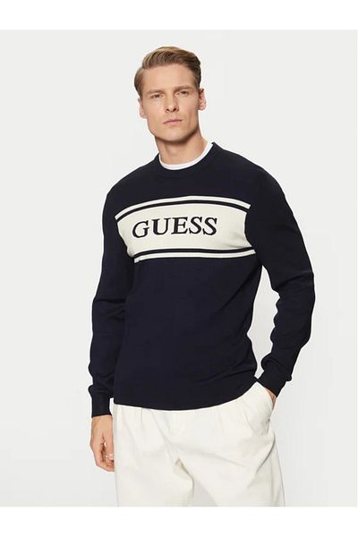 Guess Jeans Ανδρικό πουλόβερ σκούρο μπλε με ριγέ τζιν Guess