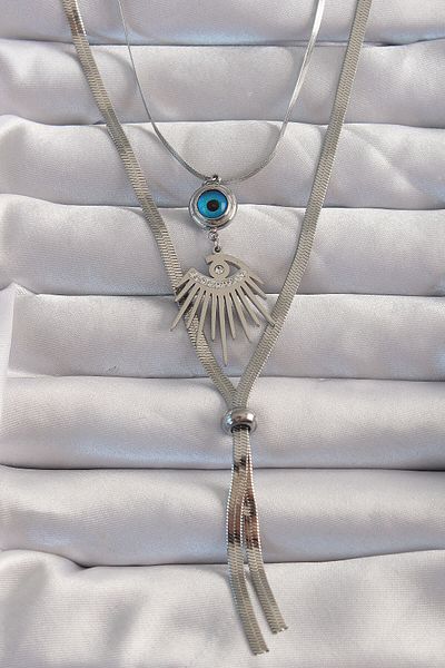 Skygo Long Elevator Model Necklace with Zircon Stone and Eye Detail - 316l Silver Color, Evil Eye - Tj-bko8961