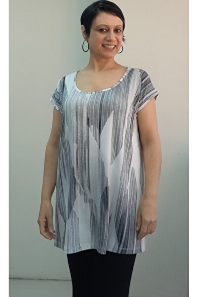 Mertcan Butik White Black Print Size with the Whole Coming Low Sleeve Combed Viscose T-Shirt