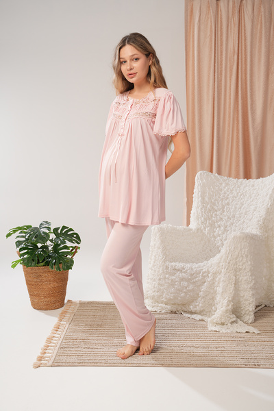 Lohussa Kadın Pembe Dokuma Yazlık Özel Tasarım Pamuk Hamile Lohusa Sabahlık Pijama Takımı Set