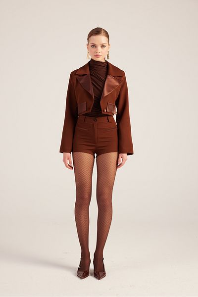HOLLY LOLLY Camila Crop Blazer - Neck with Satin Detail, Brown Color