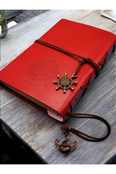 Motivart Authentic Red Leather Notebook with Compass Design - Small Size