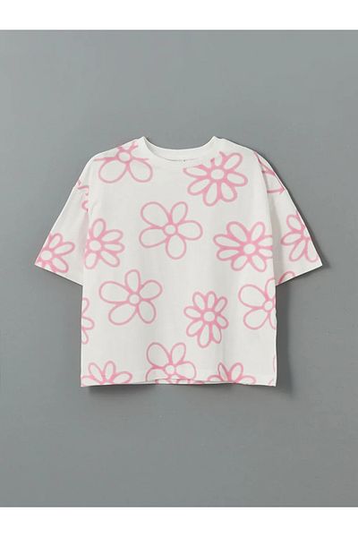 LC Waikiki Lcw Kids Ecru Crew Neck Floral Girl Crop T-shirt