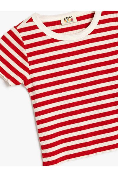 Koton Short Sleeve Crew Neck Striped Crop Red Girl's T-Shirt 5Skg10065Ak