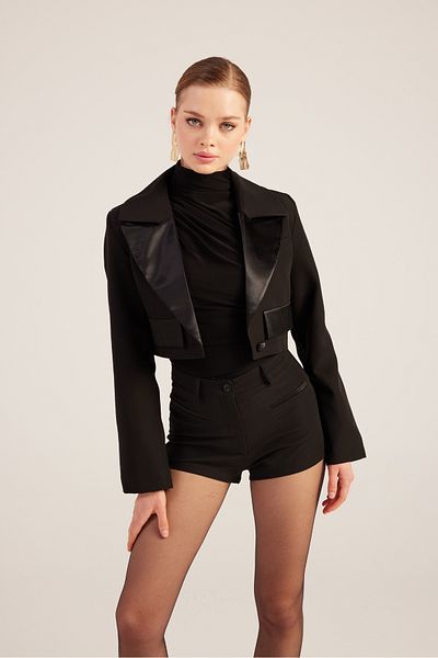 HOLLY LOLLY Black Satin Detailed Camila Crop Blazer Jacket
