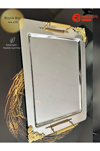 panayır Gold Kulplu Sade Çelik Tepsi, Sunum Tepsisi, Çay Tepsisi