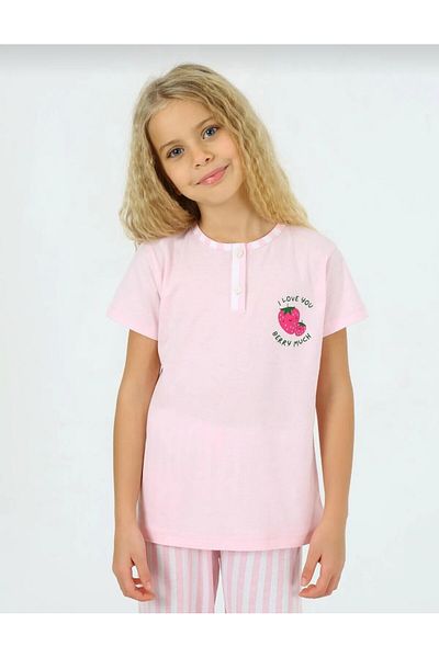 Elidabutik Pink Short-Sleeve 100% Cotton Strawberry Sleepwear Set