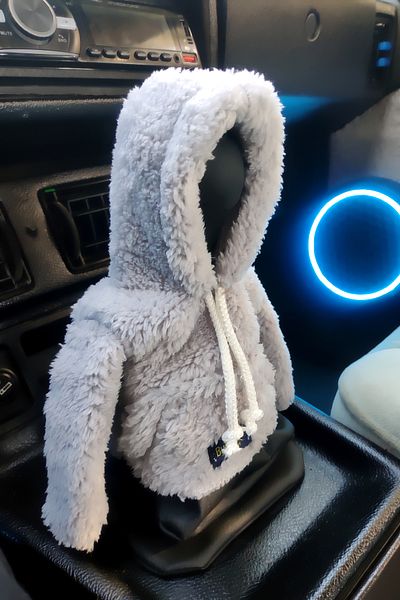 Bundeba Gray Plush Hoodie Covered Gear Ornament and Car Gear Knob Accessory