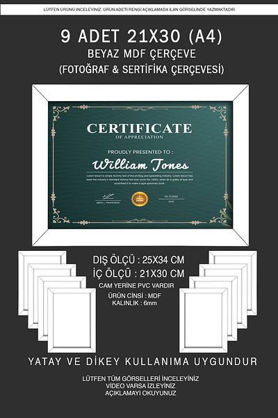 bymat 9 Pieces 21X30 Frame - White Frame - A4 Frame - Diploma Frame - Mdf Multi Photo Frame