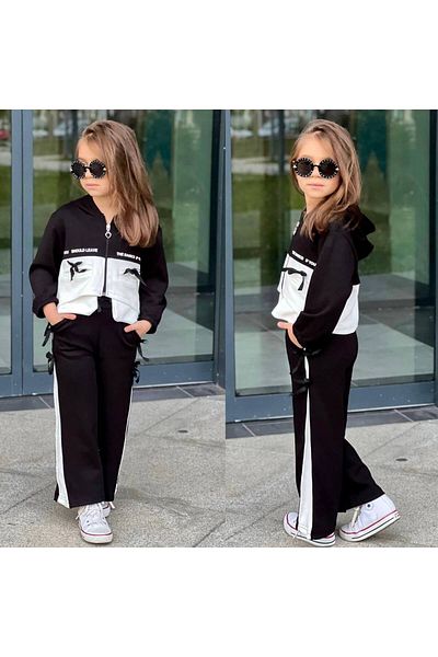 sinmm Girl's Ribbon Detailed Zippered Spanish Leg Modal Fabric 2-Piece Top and Bottom Set