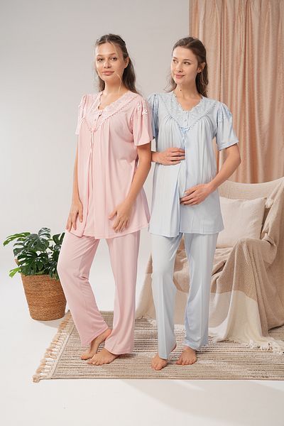 Lohussa Set de pijamale pentru femei, albastru, cu volan, din bumbac, cu design special, pentru maternitate