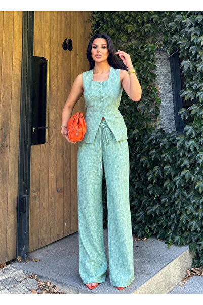 pembekurdelem Women's Green Square Collar Linen Vest Pants Set