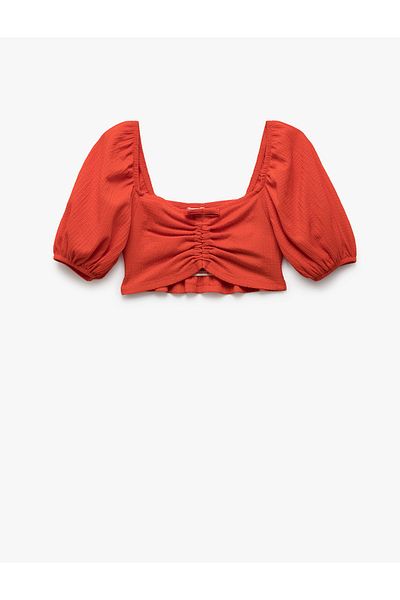 Koton Square Neck Gipe Detailed Balloon Sleeve Crop Blouse