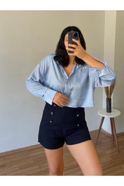 NO BRAND Kadın Mavi Saten Uzun Kollu Crop Gömlek