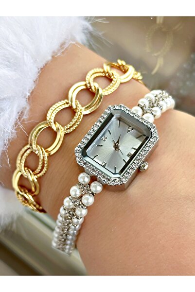 Tisaati Lüks Tasarım Özel İnci Kare Vintage Modeli Metal Kordon Kadın Kol Saa...