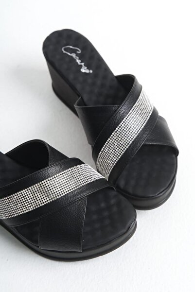 Çaçaroz Ayakkabı Large Size Stone Cross Band Wedge Sole Slippers