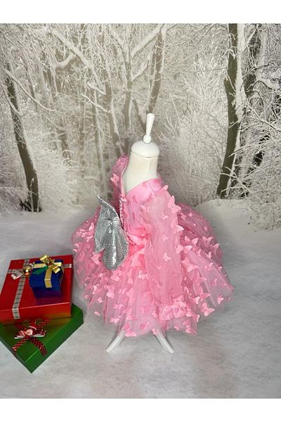 Star Kids Rochie roz pentru fete cu fluture, rochie roz pentru fete cu mâneci lungi din tul