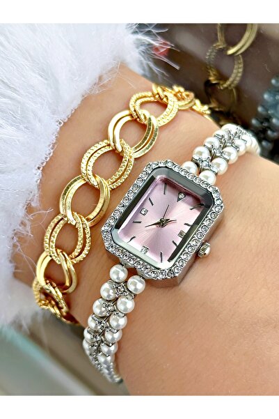 Tisaati Lüks Tasarım Özel İnci Kare Vintage Modeli Metal Kordon Kadın Kol Saa...