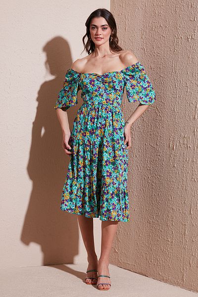 Lela Φόρεμα με μοτίβο Oversize Fit Carmen Collar Gather Λεπτομερές φόρεμα μεσαίου μήκους 67810557