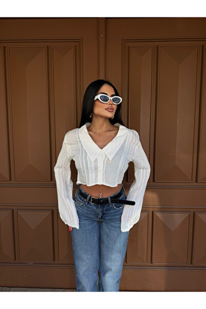 LB Laluna Butik Women's Collar Detailed Sleeve Pleated Crop Shirt Blouse