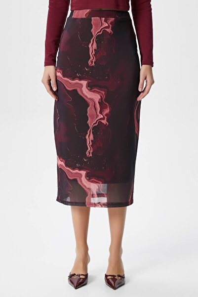 Ritnice Women's Dania Lined Elastic Waist Chiffon Burgundy Midi Pencil Skirt