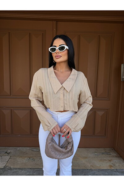 LB Laluna Butik Γυναικείο πέτο με λεπτομέρεια με πλισέ Crop πουκάμισο μπλούζα