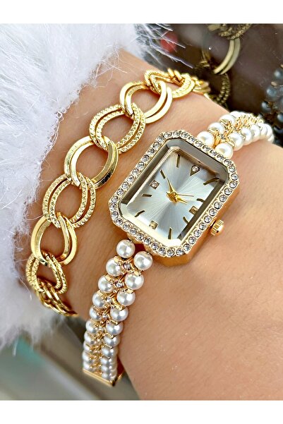 Tisaati Lüks Tasarım Özel İnci Kare Vintage Modeli Metal Kordon Kadın Kol Saa...