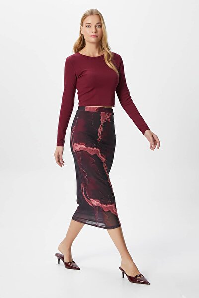 Ritnice Women's Dania Lined Elastic Waist Chiffon Burgundy Midi Pencil Skirt