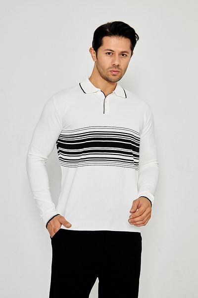 ZİNOX Men's Chest Striped Knitted Sweater Stylish and Comfortable Suitable for Daily Use Button Polo Neck Short Sleeve Sweater