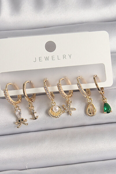 Skygo Pirinç Gold Renk Zirkon Taşlı Inci Detay Çoklu Figür Kadın Küpe Seti - ...