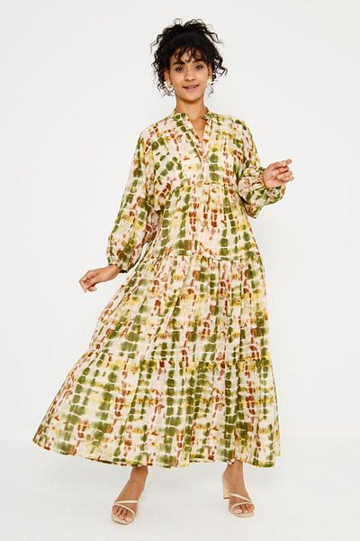 AYASOFYA OTANTIK Rochie lungă cu mânecă lungă, cu mânecă lungă, cu guler cu nasturi, verde fistic