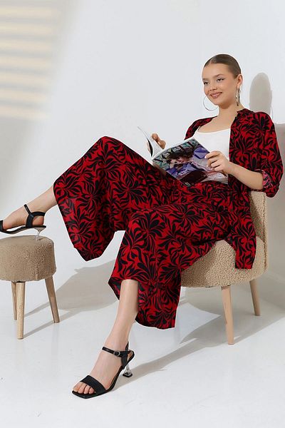bacc Women's Red Judge Collar Shirt and Relaxed Cut Pants Woven Bottom Top Suit Bcvl-25V053
