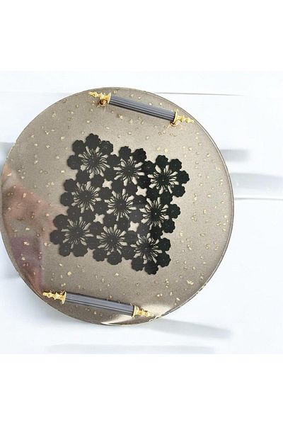 Home Epoxy Resin Lace Tray - Black Square Lace with Gold Stones - Diameter: 30 cm