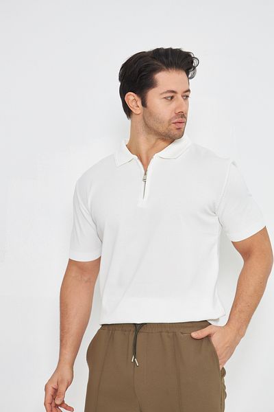 ZİNOX Men's Summer Comfortable and Trendy Polo Collar and Vertical Zipper Classic Short Sleeve Sweater