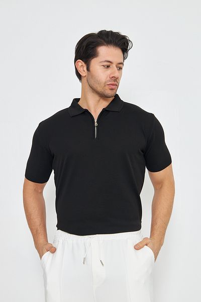 ZİNOX Men's Summer Comfortable and Trendy Polo Collar and Vertical Zipper Classic Short Sleeve Sweater