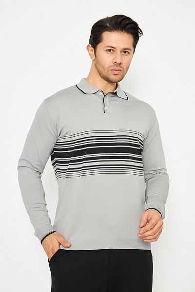 ZİNOX Men's Chest Striped Knitted Sweater Stylish and Comfortable Suitable for Daily Use Button Polo Neck Short Sleeve Sweater