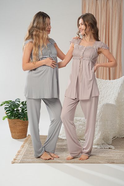 Lohussa Women's Gray Striped Woven Summer Special Design Cotton Maternity Maternity Dressing Gown Pajama Setset