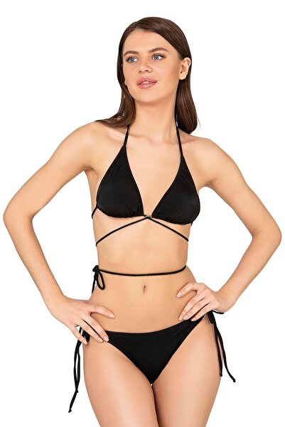 Endeep Beria Kadın Çapraz Bağlama Detaylı Üçgen İpli Siyah Bikini Takımı