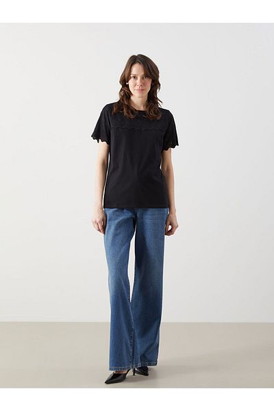 LC Waikiki Black Crew Neck Embroidered Women's Blouse