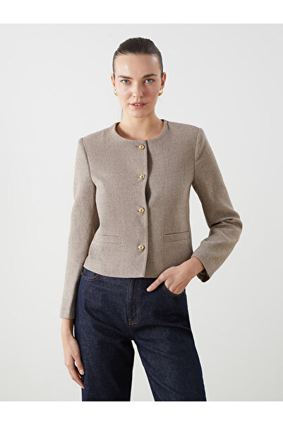 LC Waikiki Brown Crew Neck Textured Women's Tweed Jacket