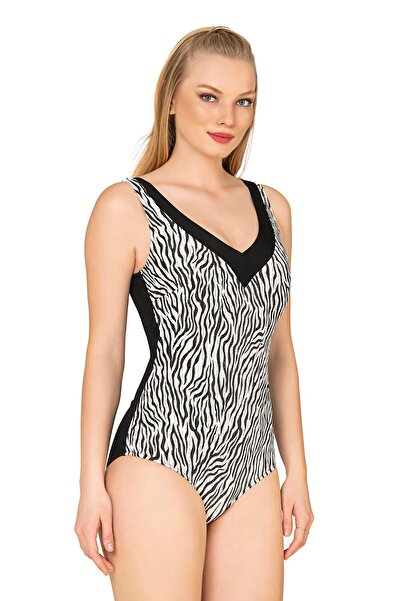 Endeep Women's Zebra Patterned Shiny Gathering V-Cut Swimsuit