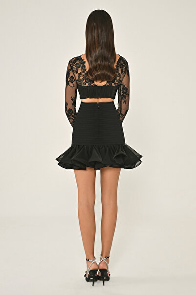 ALFABETA KADIN ABİYE ÜST DANTEL ETEGİ FIRFIRLI ŞİFON KISA ELBİSE