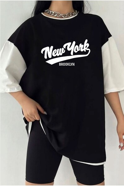 Tarzsokak تيشيرت مزدوج اللون مطبوع عليه NEW YORK K للجنسين